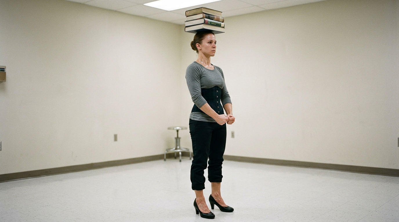 A forced sissy in a corset and heels practicing posture balance in a sissy school training room — the discipline of forced sissification curriculum