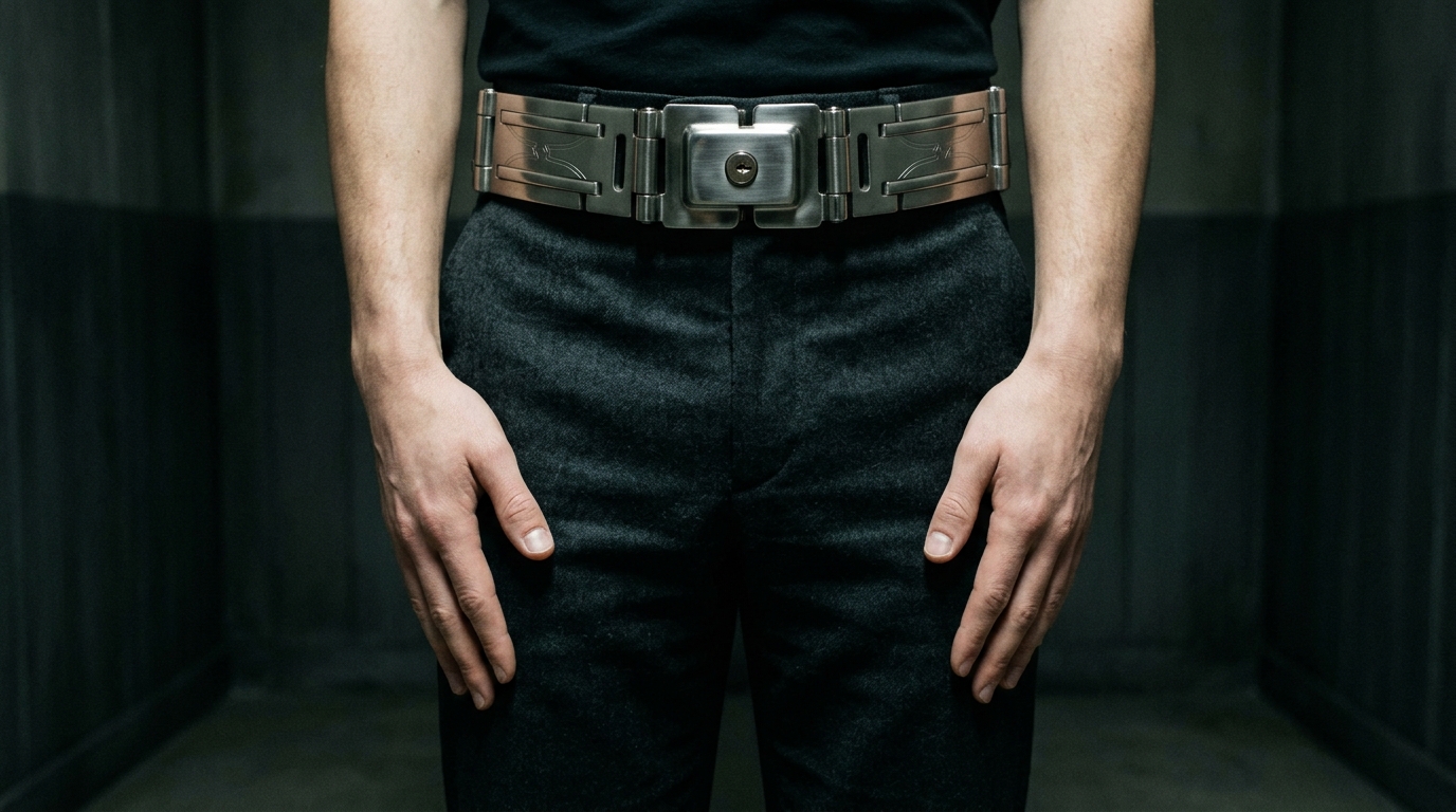 Close-up of a polished metal restraint belt on a forced sissy's waist with hands resting still on thighs — true freedom found in Locktober 2026 chastity devotion