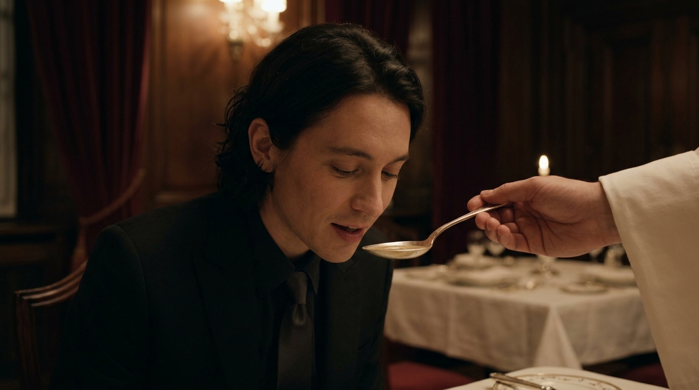 Close-up of a forced sissy with submissive tilted head receiving a silver spoon from an unseen Mistress's hand — the sacred ritual of cum eating instructions